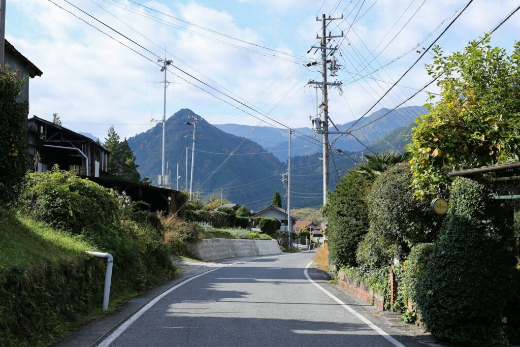 a street with a mountain in the background